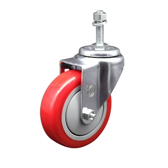 4 Inch SS Red Polyurethane Wheel Swivel 10mm Threaded Stem Caster SCC