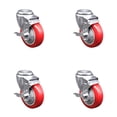 thumbnail image 1 of 4 Inch SS Red Polyurethane Wheel Swivel Bolt Hole Caster Set with Brake SCC, 1 of 2