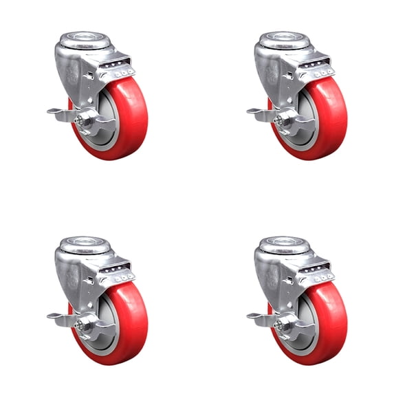 4 Inch SS Red Polyurethane Wheel Swivel Bolt Hole Caster Set with Brake SCC