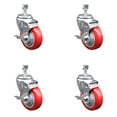thumbnail image 1 of 4 Inch SS Red Polyurethane Wheel Swivel ½ Inch Threaded Stem Caster Set Brake, 1 of 2