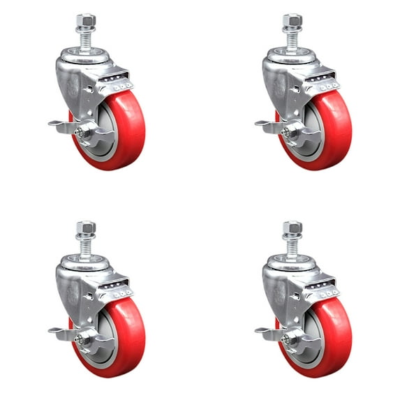 4 Inch SS Red Polyurethane Wheel Swivel ½ Inch Threaded Stem Caster Set Brake