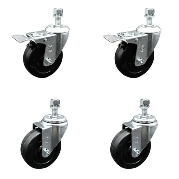 4 Inch SS Soft Rubber 12mm Threaded Stem Caster Set 2 Total Lock Brake SCC