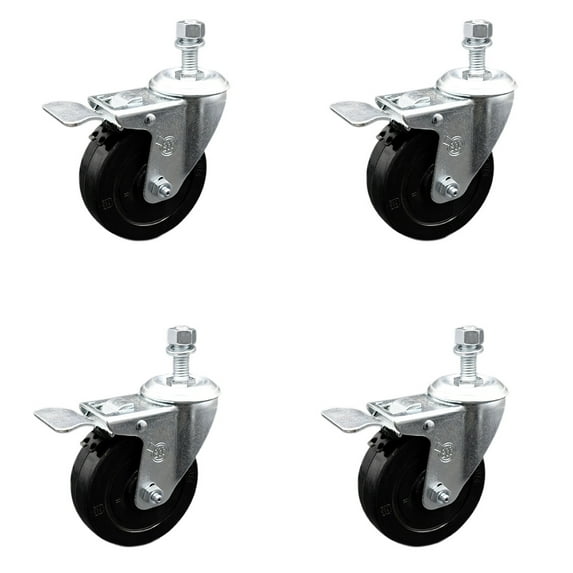 4 Inch SS Soft Rubber Swivel ½ Inch Threaded Stem Caster Set Total Lock Brake