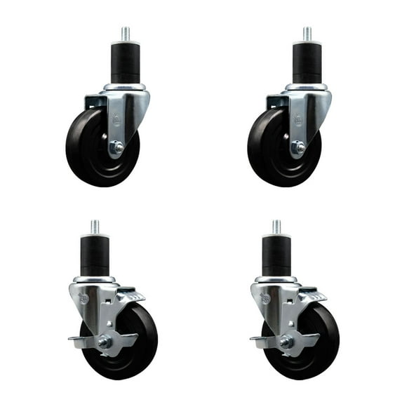 4 Inch SS Soft Rubber Wheel Swivel 1-3/4 Inch Expanding Stem Caster Set 2 Brakes