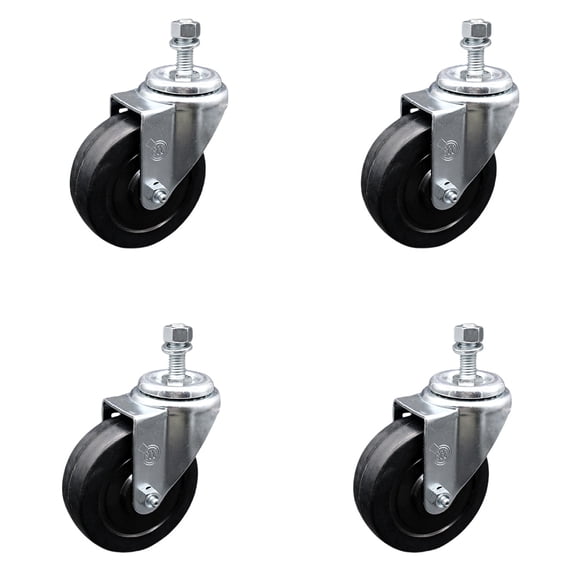 4 Inch Soft Rubber Wheel Swivel 10mm Threaded Stem Caster Set Service Caster
