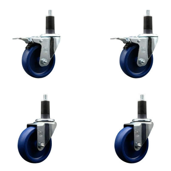 4 Inch SS Solid Poly Swivel 1-1/4 Inch Expanding Stem Caster Set 2 Brakes