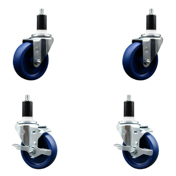 4 Inch SS Solid Poly Wheel Swivel 1-3/8 Inch Expanding Stem Caster Set 2 Brakes