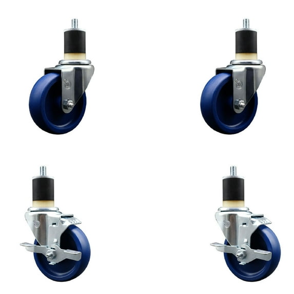 4 Inch SS Solid Poly Wheel Swivel 1-7/8 Inch Expanding Stem Caster Set 2 Brakes