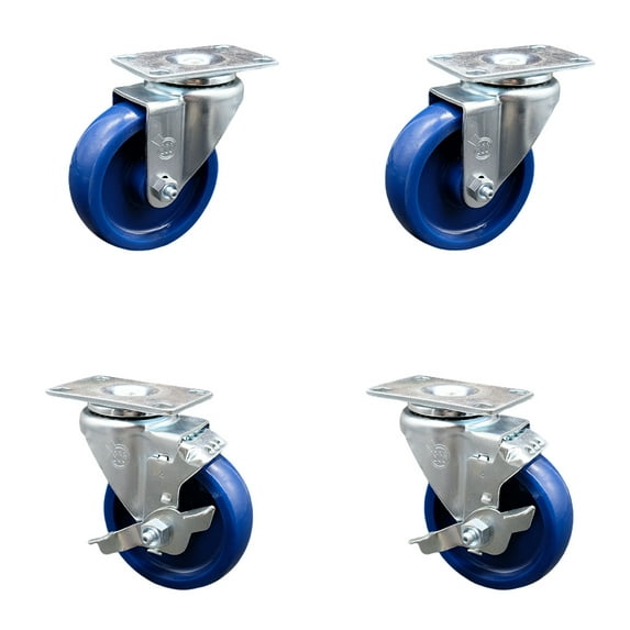 4 Inch SS Solid Polyurethane Swivel Top Plate Caster Set with 2 Brakes SCC