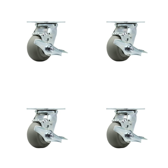 4 Inch SS TPR Donut Tread Caster Set with Delrin Bearings 4 Brakes 2 Swivel Lock