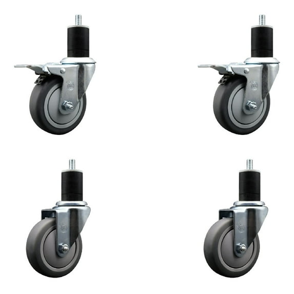 4 Inch SS Thermo Rubber Swivel 1-3/4 Inch Expanding Stem Caster Set 2 Brake