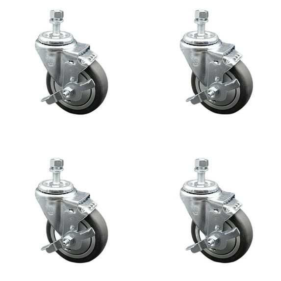 4 Inch SS Thermoplastic Rubber Swivel ½ Inch Threaded Stem Caster Set Brake SCC