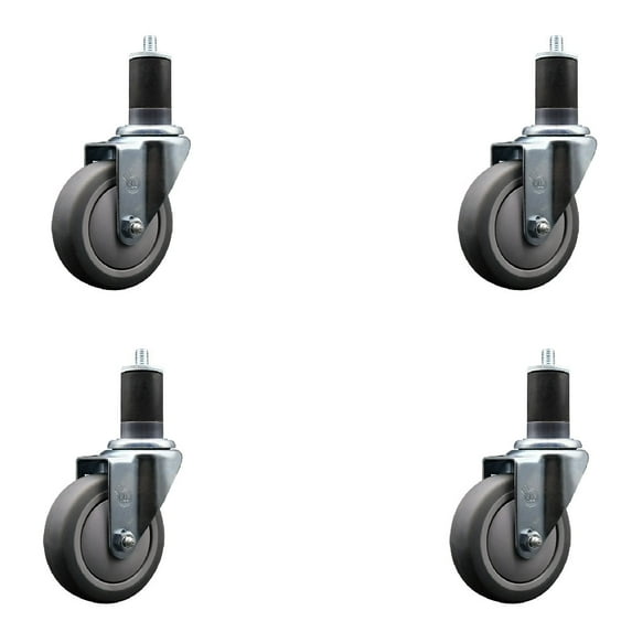 4 Inch SS Thermo Rubber Wheel Swivel 1-5/8 Inch Expanding Stem Caster Set