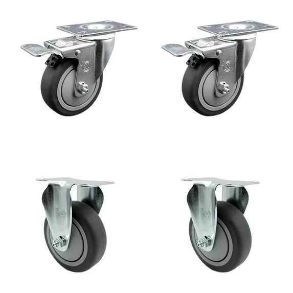 4 Inch SS Thermoplastic Rubber Wheel Top Plate Caster Set 2 Lock Brake 2 Rigid