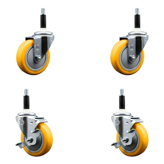 4 Inch SS Yellow Poly Wheel Swivel 7/8 Inch Expanding Stem Caster Set 2 Brakes