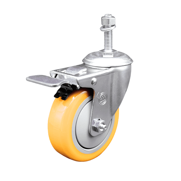 4 Inch SS Yellow Polyurethane 10mm Threaded Stem Caster with Total Lock Brake