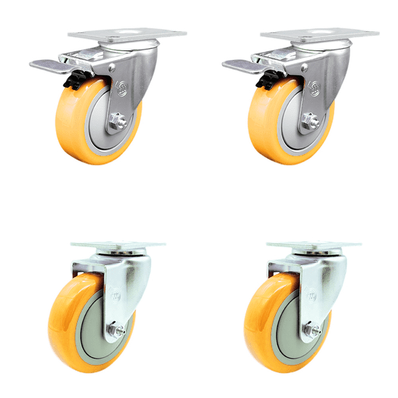 4 Inch SS Yellow Polyurethane Top Plate Caster Set 2 Total Lock Brakes SCC