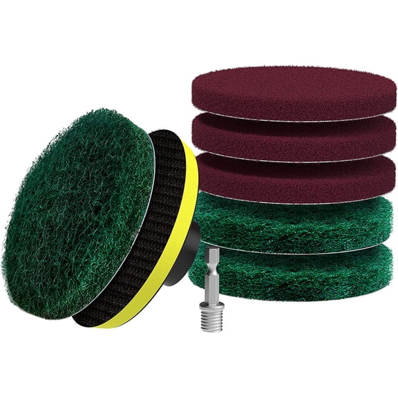 4 Inch Scrub Drill Brush Power Scouring Pads Household Cleaning Set for Kitchen Bathroom 3 Red Pads 3 Green Pads 1 Drill Attachment and 1 Universal Shaft