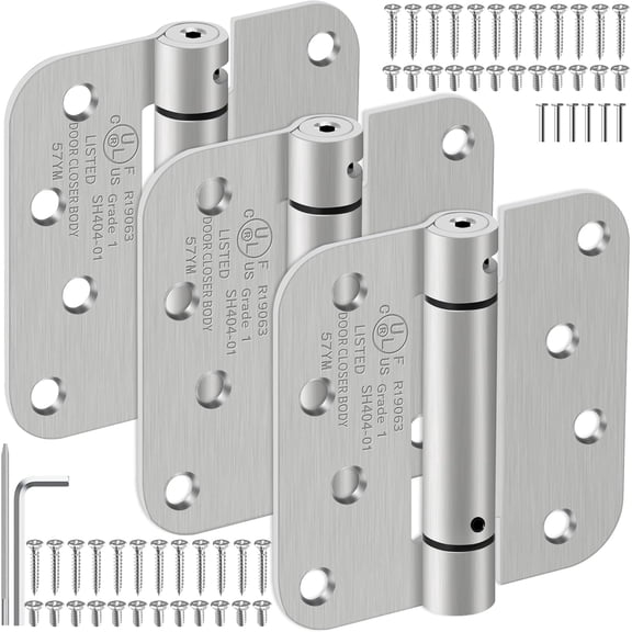 4 Inch Self Closing Door Hinges, 5/8" Radius Corners Spring Loaded Hinges for Exterior, Garage, Front and Back Door, UL Listed, for Left and Right Hand Door, Brushed Nickel, 3 Pack