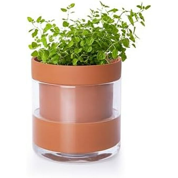 4 Inch Self Watering Planter Pot, Terracotta Clay Pot with Glass Reservoir for Indoor Plants, Herbs, Flowers, Set of 1, 52-A-E-1