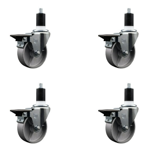 4 Inch Semi Steel Swivel 1-1/2 Inch Expanding Stem Caster Set with Brake SCC
