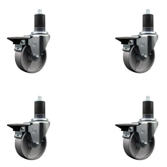 4 Inch Semi Steel Swivel 1-5/8 Inch Expanding Stem Caster Set with Brake SCC