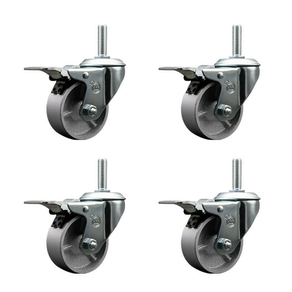 4 Inch Semi Steel Swivel 5/8 Inch Threaded Stem Caster Set with Total Lock Brake
