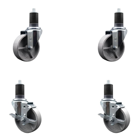 4 Inch Semi Steel Wheel Swivel 1-5/8 Inch Expanding Stem Caster Set 2 Brakes SCC