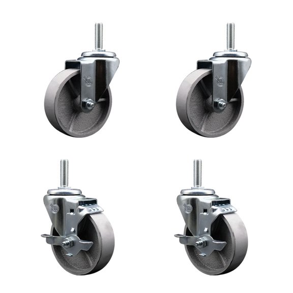 4 Inch Semi Steel Wheel Swivel 5/8 Inch Threaded Stem Caster Set 2 Brakes SCC