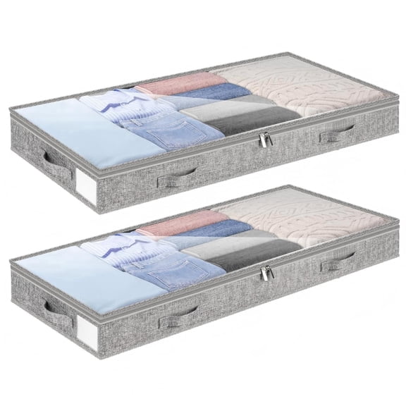 4 Inch Shallow Under Bed Storage Drawers, 2 Pack Lightweight Storage Bins with Clear Lids, Water-Resistant Fabric Organizer for Clothes, Bedroom & Dorm
