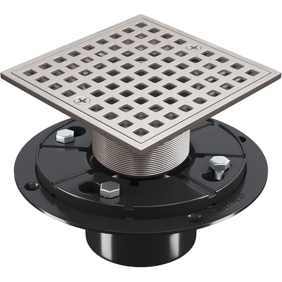 4 Inch Shower Floor Drain with Flange - Square Shower Drain with Hair Strainer - Removable Grid Strainer Cover - SUS304 Stainless Steel - Brushed Nickel
