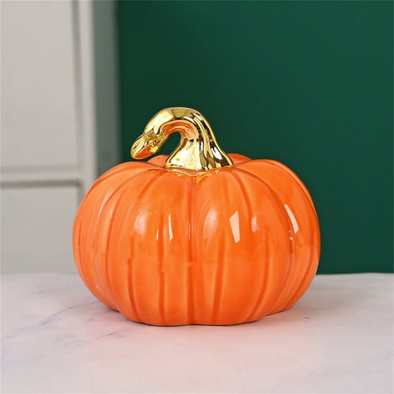 4 Inch Small Ceramic Orange Pumpkin Ornament with Gold Stem, Glossy Realistic Figurine, Halloween Thanksgiving Table Centerpiece for Kitchen Mantel Shelf Display