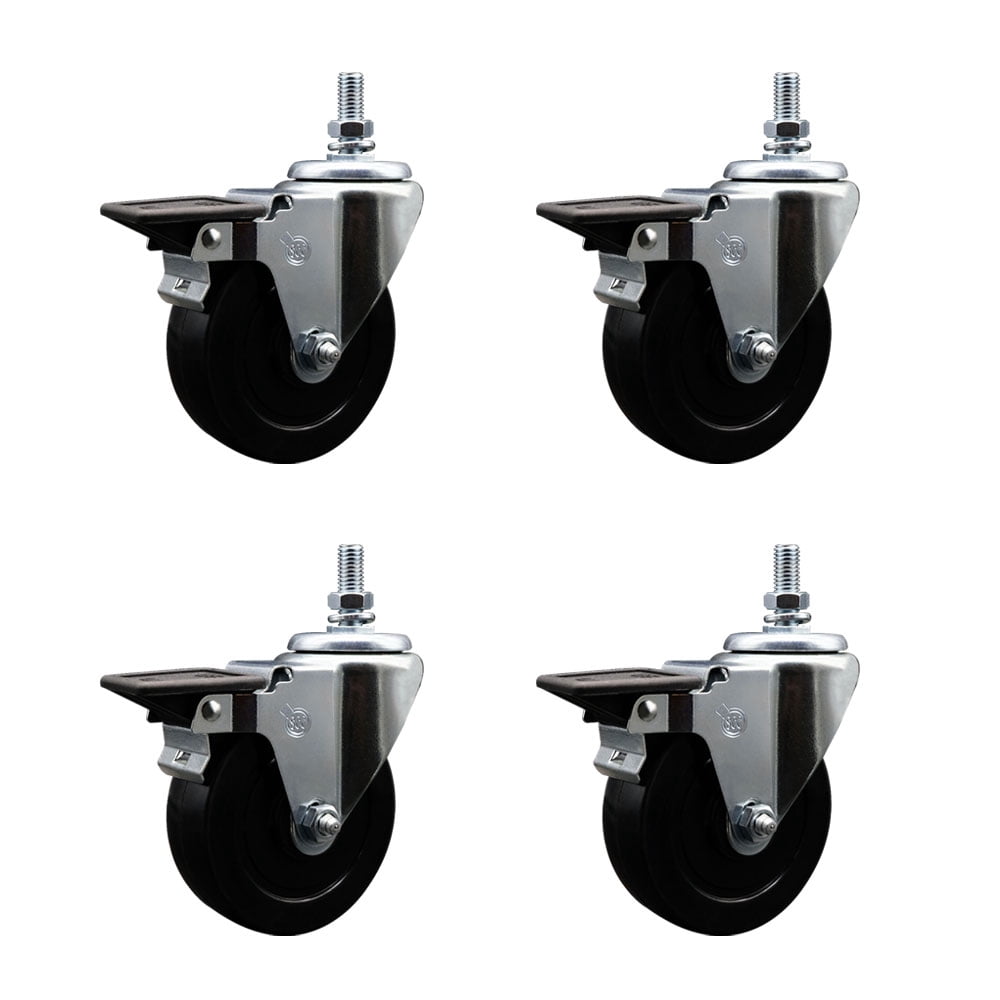 4 Inch Soft Rubber 10MM Threaded Stem Caster Set with Brake - Walmart.com