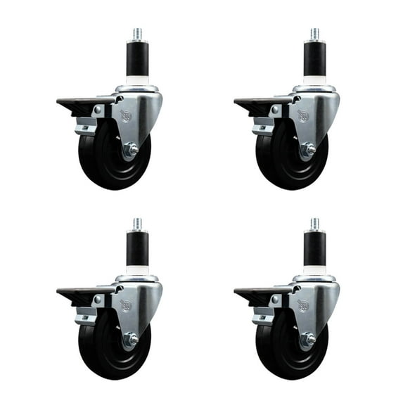 4 Inch Soft Rubber Swivel 1-3/8 Inch Expanding Stem Caster Set with Brake SCC