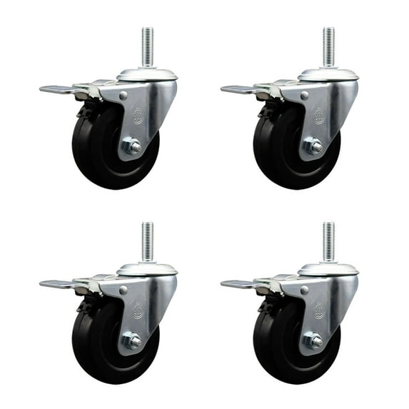 4 Inch Soft Rubber Swivel 3/4 Inch Threaded Stem Caster Set with Brake
