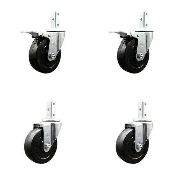 4 Inch Soft Rubber Swivel 7/8 Inch Square Stem Caster Set 2 Total Lock Brakes