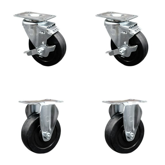 4 Inch Soft Rubber Swivel Top Plate Caster Set with 2 Brakes 2 Rigid SCC