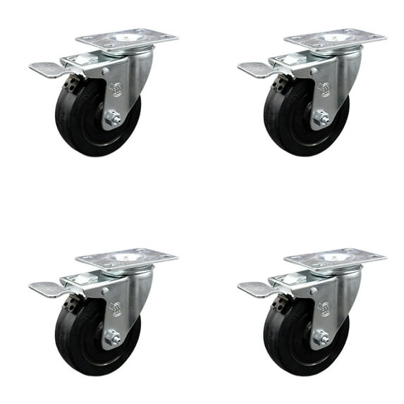 4 Inch Soft Rubber Swivel Top Plate Caster Set with Total Lock Brake SCC