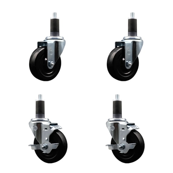 4 Inch Soft Rubber Wheel Swivel 1-1/4 Inch Expanding Stem Caster Set 2 Brakes