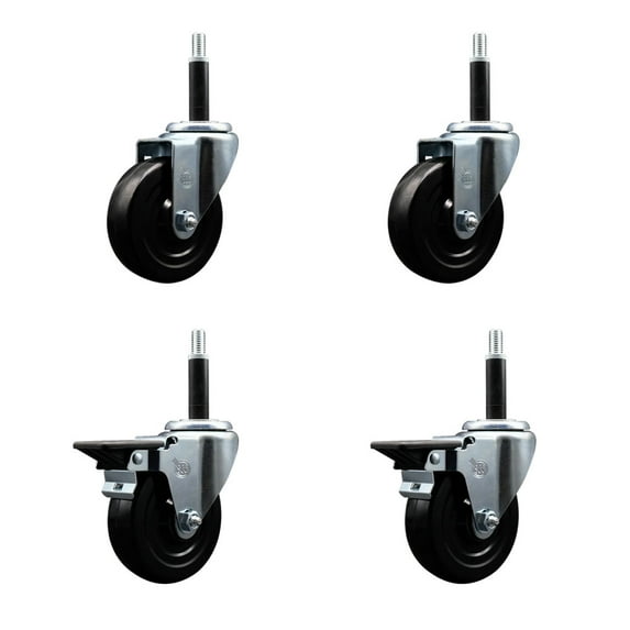 4 Inch Soft Rubber Wheel Swivel 3/4 Inch Expanding Stem Caster Set 2 Brakes SCC