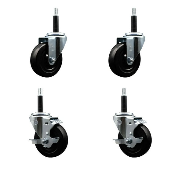 4 Inch Soft Rubber Wheel Swivel 3/4 Inch Expanding Stem Caster Set 2 Brakes SCC