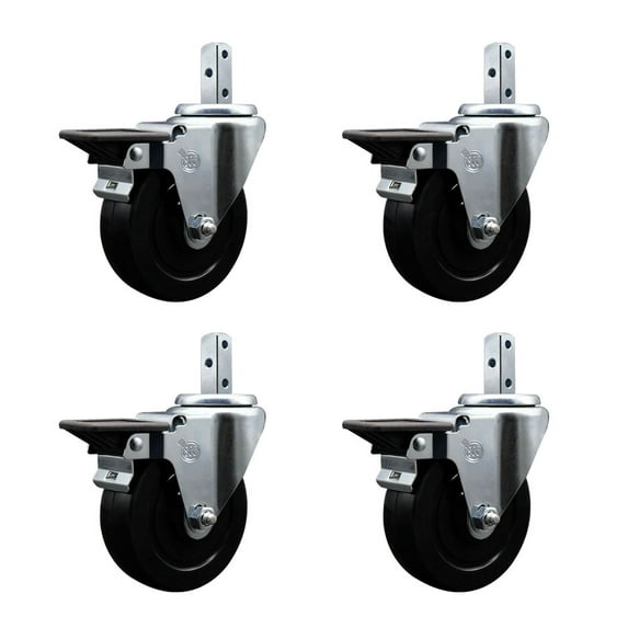 4 Inch Soft Rubber Wheel Swivel 3/4 Inch Square Stem Caster Set with Brake SCC