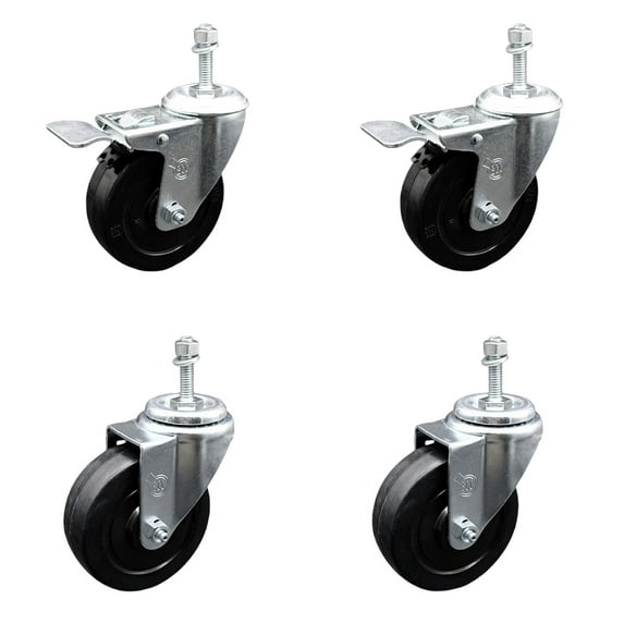4 Inch Soft Rubber Wheel Swivel 3/8 Inch Stem Caster Set 2 Total Lock Brake SCC
