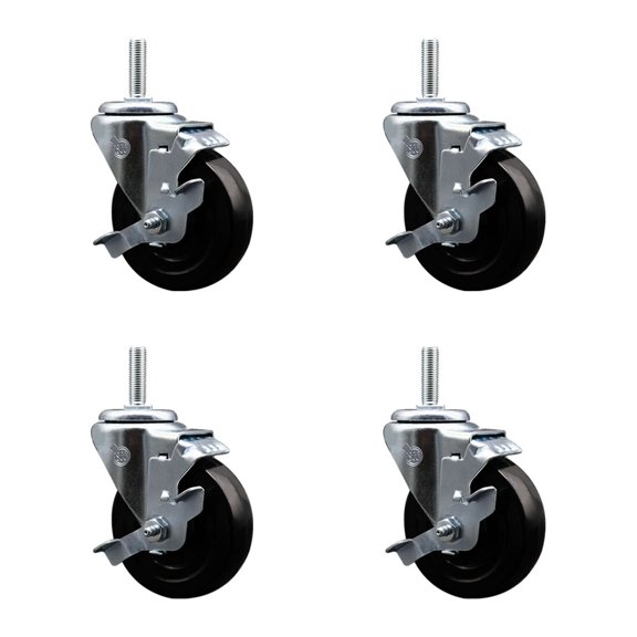 4 Inch Soft Rubber Wheel Swivel 5/8 Inch Threaded Stem Caster Set with Brake SCC