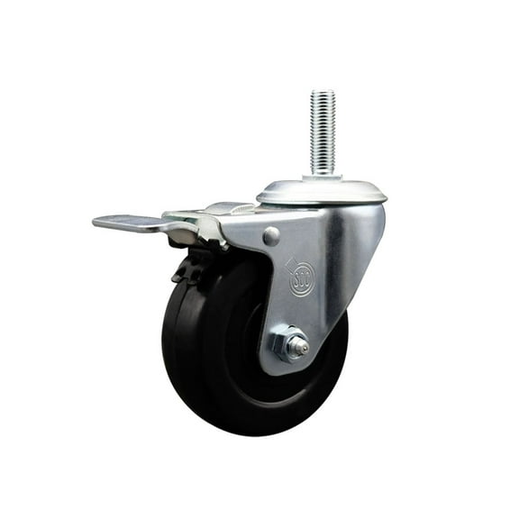 4 Inch Soft Rubber Wheel Swivel 5/8 Inch Threaded Stem Caster Total Lock Brake