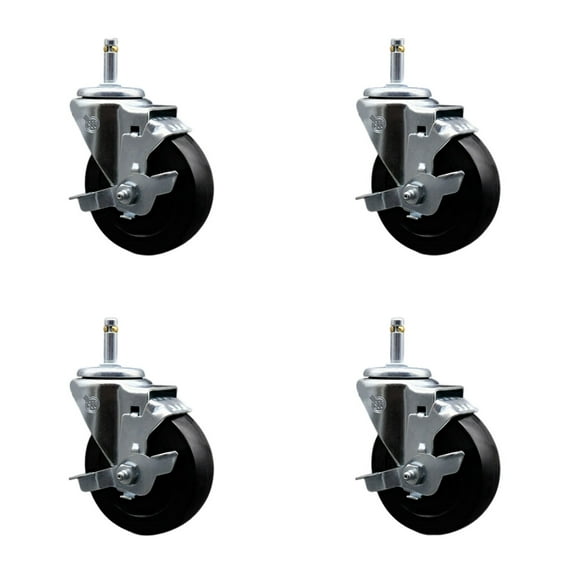 4 Inch Soft Rubber Wheel Swivel 7/16 Inch Grip Ring Stem Caster Set with Brake