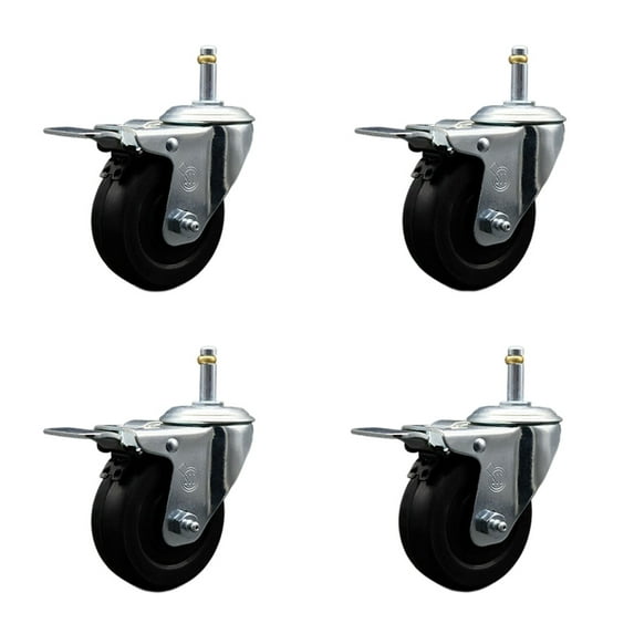 4 Inch Soft Rubber Wheel Swivel 7/16 Inch Stem Caster Set with Total Lock Brake