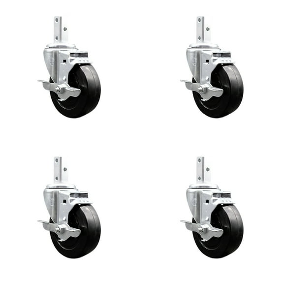 4 Inch Soft Rubber Wheel Swivel 7/8 Inch Square Stem Caster Set with Brake SCC