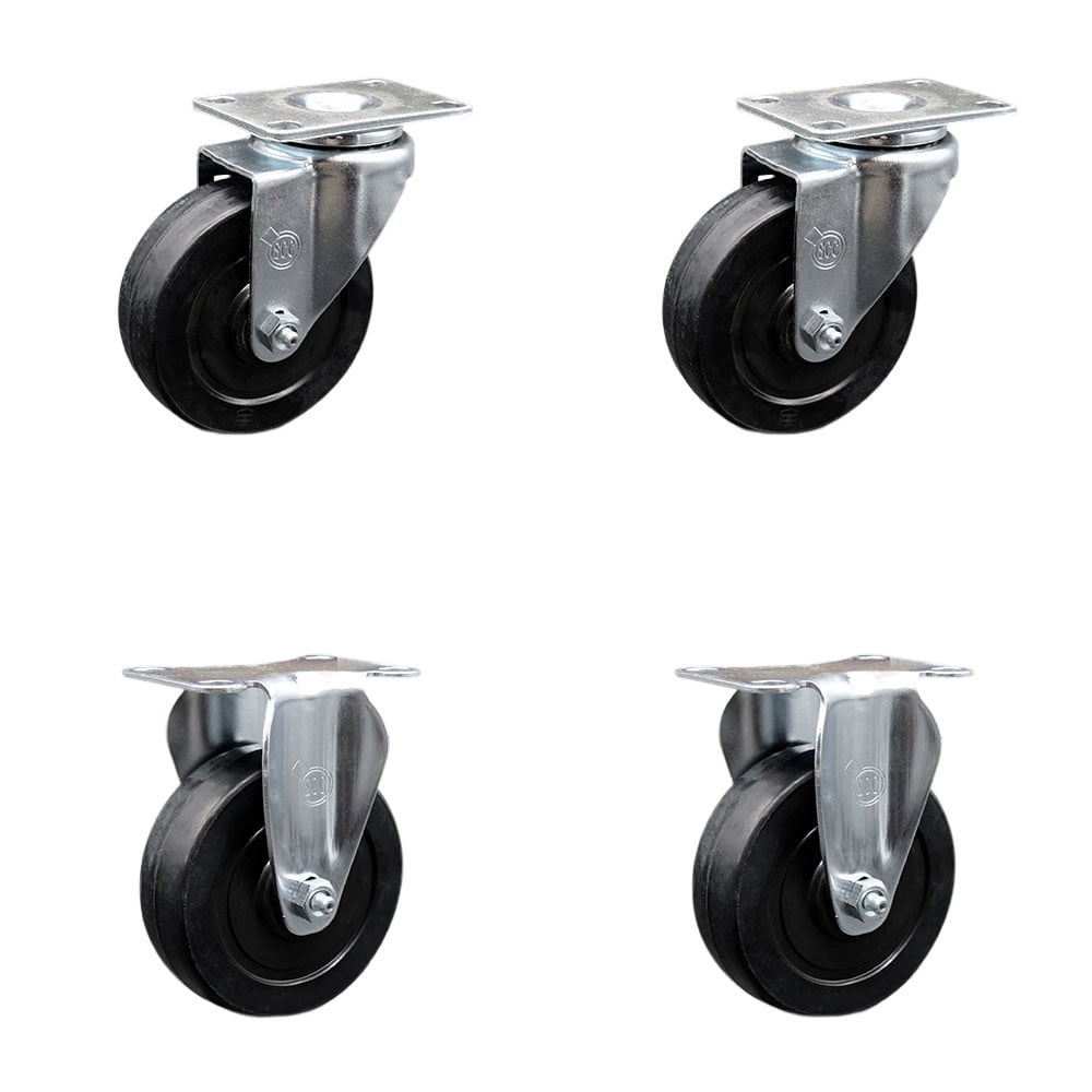 4 Inch Soft Rubber Wheel Swivel Top Plate Caster Set with 2 Rigid Service Caster