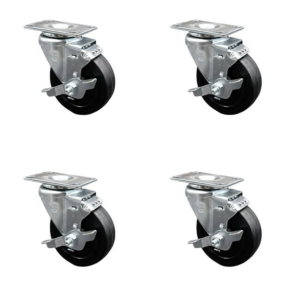 4 Inch Soft Rubber Wheel Swivel Top Plate Caster Set with Brake Service Caster